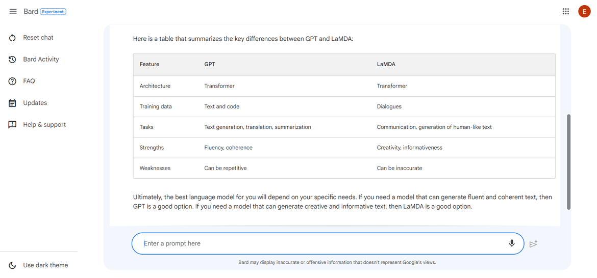 GPT and LaMDA Key Differences (According to Bard)